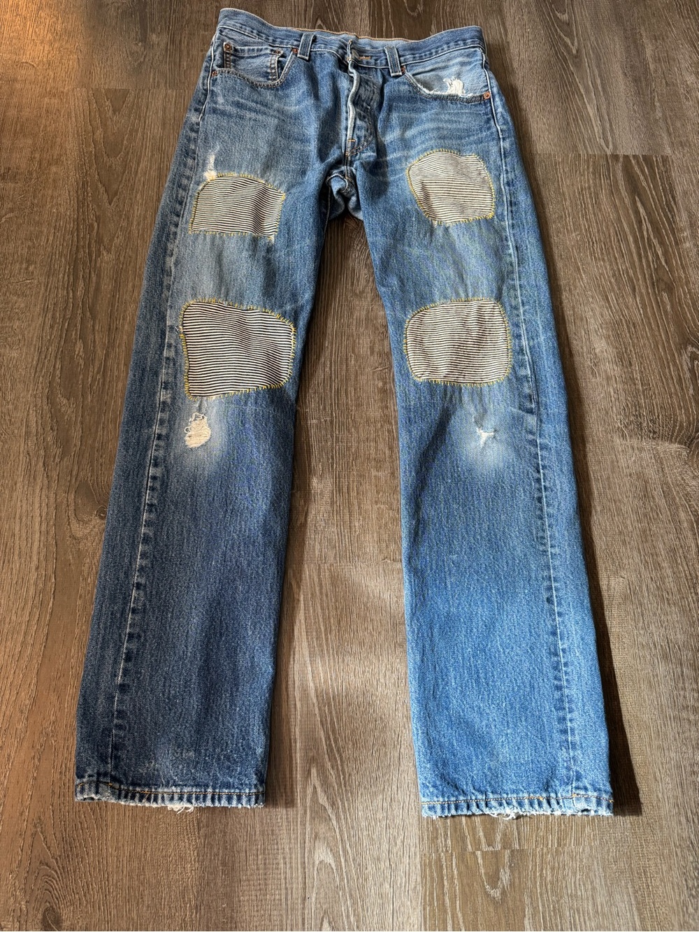 Upcycled distressed Levi's Blue Straight Jeans with Striped Patchwork Knees